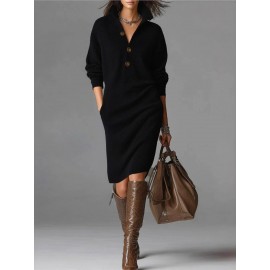 Plus Size - Hertalk'S New Button- Lapel Loose Straight Dress Is a Mid-Length Sweater Dress