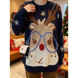 Plus Size, Women's Christmas Reindeer & Snowflake Jacquard Sweater - Loose Fit Pullover Sweaters with Reindeer Patterns, Round Neck Winter Sweaters for Xmas Parties, Casual Holiday Outfits (Bright Colors) - Cozy Winter Wear for non-Stretch