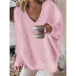Plus Size - Women'S Asymmetrical V-Neck Geometric Sweater - Soft Pastel Winter Pullover with Trim, Cozy Casual Sweater for Everyday & Semi-Formal Outfits, Relaxed Fit Layering Piece, Easy-Care Durable Design