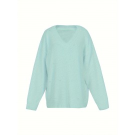 Plus Size - Women'S Asymmetrical V-Neck Geometric Sweater - Soft Pastel Winter Pullover with Trim, Cozy Casual Sweater for Everyday & Semi-Formal Outfits, Relaxed Fit Layering Piece, Easy-Care Durable Design