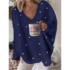 Plus Size, New Fall Winter Plus Size Women's V-Neck Beaded Sweater - Solid Color Top with Bead Accent Asymmetrical Collar, Cozy Winter Pullover for Casual & Dressy Outfits, Hand Washable (Immediate Shipment)