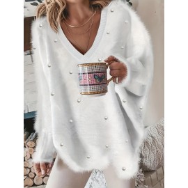 Plus Size, New Fall Winter Plus Size Women's V-Neck Beaded Sweater - Solid Color Top with Bead Accent Asymmetrical Collar, Cozy Winter Pullover for Casual & Dressy Outfits, Hand Washable (Immediate Shipment)