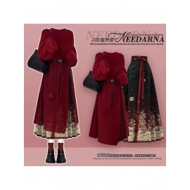 Plus Size - New Chinese Style Outfit Set for Women | Fashionable Sweater with National Style Elegant Mamian Skirt Two-Piece Set, Spring Season, Solid Color, Long Sleeve, Crew Neck