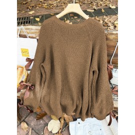 Plus Size, Two-piece plus-size retro sweet style, round-neck lantern sleeve bow sweater