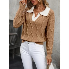 Plus Size - Plus Size Miye Sweater | Fall/Winter Color Block Turn- Collar Elegant Fashion Women'S Pullover Long Sleeve with Rib- Details