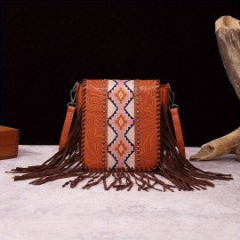 Perfect Casual Vintage Bohemian Style Rivet Crossbody Bag with Tassel Decor, Stitching, Phone Lipstick Coin Compartments for Daily Use, Best Gifts for Carnaval