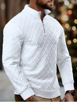 [Men's Casual Sweater] Men's Casual Zip-Up Sweater | Long Sleeve, Solid Color, Regular Fit, Round Neck, Geometric Pattern, Fall & Winter, Knitwear, High Quality