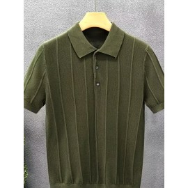 Luxury Knit Short Sleeve Polo Shirt for Men | Summer New Solid Color Lapel Collar Casual Tops, Button Details, Regular Fit