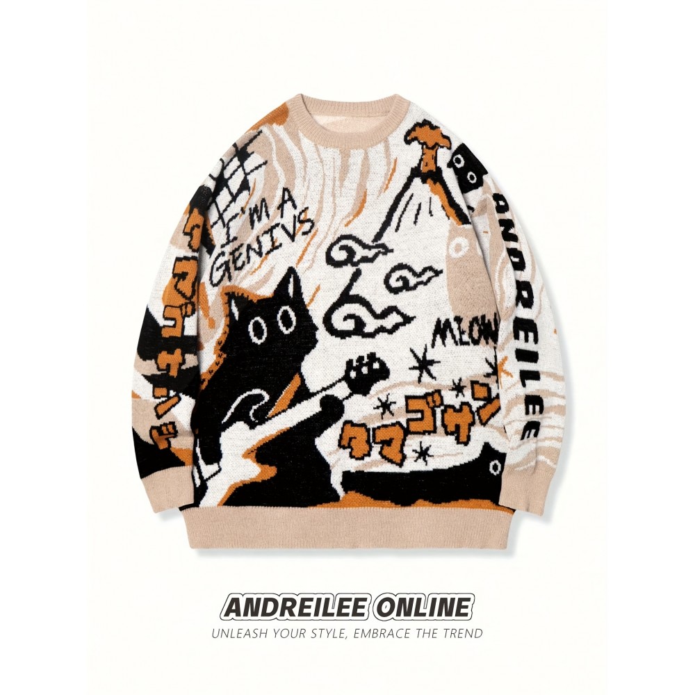Unisex Autumn Fall Back to School Casual Loose Fit Commuter Simple Solid Color Versatile Round Neck Cartoon Jacquard Pattern Long Sleeve Pullover Knitted Fabric Top