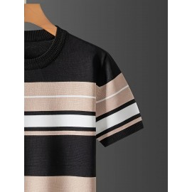 [Summer Striped T-Shirt] LVLAEA Men's Summer Striped Pullover T-Shirt | Short Sleeve, Crew Neck, Casual Rayon Blend, Rib-Knit, Slight Stretch, Fashionable Stripes, Everyday Wear, Regular Fit, Breathable, Skin-Friendly