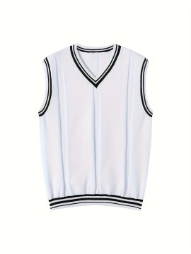 Men's V-neck Pullover Vest Cardigan, College Style Knitted Sleeveless Sweater