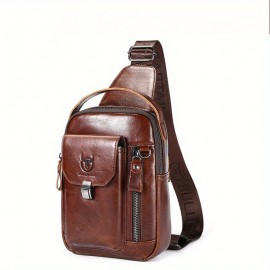Men'S Genuine Leather Chest Bag - Adjustable Strap, Multiple Compartments for iPad & Tablets, Casual Crossbody Design for Daily Commute & Work, Leather Purse