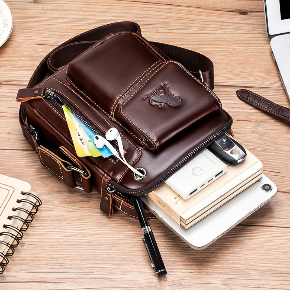 1pc Fashion Genuine Leather Men'S Crossbody Bag, Adjustable Shoulder Strap, Multi-Compartment Satchel with Top Handle, Zipper Closure, Non-Washable, for Outings - Dark Brown