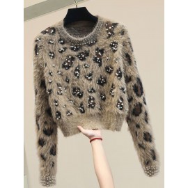 New Loose Fit Outerwear Small Size Pullover Top | Round Neck Beaded Leopard Print Thickened Sweater Women, Long Sleeve, Color Block, Geometric-pattern, Casual Style, Crew Neck, Brand: SCACTO