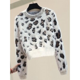 New Loose Fit Outerwear Small Size Pullover Top | Round Neck Beaded Leopard Print Thickened Sweater Women, Long Sleeve, Color Block, Geometric-pattern, Casual Style, Crew Neck, Brand: SCACTO