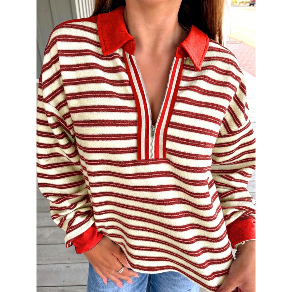 Striped Print Contrast Collar Zip V Neck Long Sleeve Top