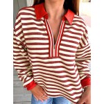 Striped Print Contrast Collar Zip V Neck Long Sleeve Top