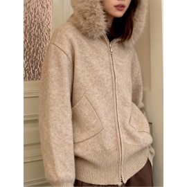 Women'S Korean Winter Jacket with Fur Collar - Loose Fit Hooded Coat, /All-Season Outerwear for Casual & Formal Events, Easy-Care Cardigan Sweater (Women'S Clothing)