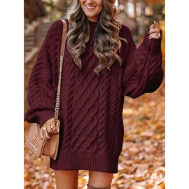 Women's Oversized Cable Sweater Dress - Belted Waist Pencil, Round Neck Mid-Length Pullover, Cozy Casual to Semi-Formal Wear (Maroon/Deep Red) - Easy-Care Hand Wash/Dry Clean, Spring/Fall Wardrobe Essential