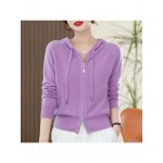 Spring and Autumn Women'S Hooded Cardigan | Long-Sleeved, Loose Fit, Solid Color, V-Neck, Elegant Style