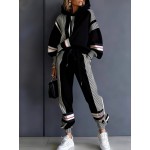Women's Fall Winter New Color Block Hoodie Set Casual Sweatshirt Pants 2pcs