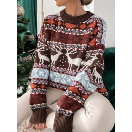 Women's Christmas Jacquard Sweater - Reindeer & Snowflake Cable- Pattern, Brown/White/Blue/Green/Red, Loose Fit Long Sleeve Round Neck Pullover, Cozy Winter Sweater for Holiday Parties & Casual Wear (Machine Washable)