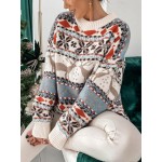 Women's Christmas Jacquard Sweater - Reindeer & Snowflake Cable- Pattern, Brown/White/Blue/Green/Red, Loose Fit Long Sleeve Round Neck Pullover, Cozy Winter Sweater for Holiday Parties & Casual Wear (Machine Washable)