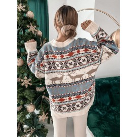 Women's Christmas Jacquard Sweater - Reindeer & Snowflake Cable- Pattern, Brown/White/Blue/Green/Red, Loose Fit Long Sleeve Round Neck Pullover, Cozy Winter Sweater for Holiday Parties & Casual Wear (Machine Washable)