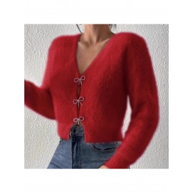 100% WOOL Cardigan | Autumn and Winter New Bow Single Breasted Sweater Coat with Long Sleeves and Lapel Collar
