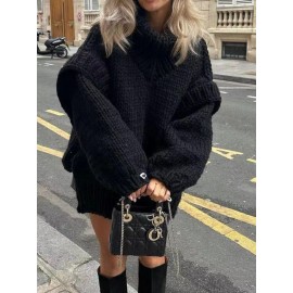 Women's European & American Style Oversized Loose-Fit High Neck Sweater - Soft Long Sleeve Winter Sweater with Fake Button Closure, Cozy Fall & Winter Sweater for Resort Wear, Casual or Dressy Outfits (White)