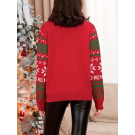 Women's Christmas Long Sleeve Sweaters Reindeer Snowflake Letter Tree Round Neck Ribbed Knitted Tops