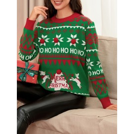 Women's Christmas Long Sleeve Sweaters Reindeer Snowflake Letter Tree Round Neck Ribbed Knitted Tops