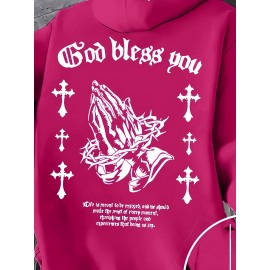 Men'S Christian Faith Hooded Sweatshirt with Prayer Hands & Cross Design - All-Season Casual Pullover, Machine Washable, Kangaroo Pocket & Drawstring Hood, Plus Size, Church Activities & Casual Attire