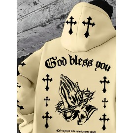Men'S Christian Faith Hooded Sweatshirt with Prayer Hands & Cross Design - All-Season Casual Pullover, Machine Washable, Kangaroo Pocket & Drawstring Hood, Plus Size, Church Activities & Casual Attire