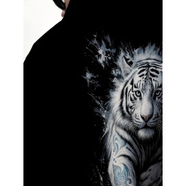 Men'S Plus-Size Hoodie with 3D Print Black Background And White Tiger Totem Design, a Trendy Streetwear Piece Featuring a Unique Animal Pattern, Plus Size