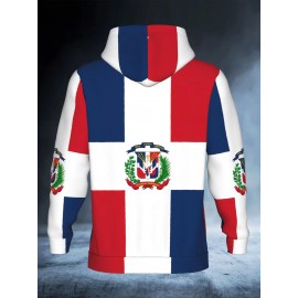 Men's Heavyweight Dominican Republic Flag Hoodie with 3D Emblem & National Logo - Red/White/Blue Pride Sweatshirt, Plus Size Pullover for Dominican Pride Events, Casual Wear &, Machine Washable Long Sleeve (Dominican Flag Colors), PLUS SIZE