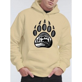 Plus-Size Men'S 3D Digital Print Bear Paw & Forest Graphic Hooded Sweatshirt - with Wildlife Design, Casual Long Sleeve Pullover, Regular Fit for Outdoor & Casual Attire, Nature-Inspired Men'S Fashion, Plus Size