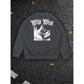 Men'S Plus Size Sweatshirt | Western Forest Print, Casual Street Style, Long Sleeve, Crew Neck, Regular Fit for Autumn-Winter