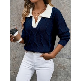 Plus Size - Plus Size Miye Sweater | Fall/Winter Color Block Turn- Collar Elegant Fashion Women'S Pullover Long Sleeve with Rib- Details