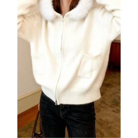 Women'S Korean Winter Jacket with Fur Collar - Loose Fit Hooded Coat, /All-Season Outerwear for Casual & Formal Events, Easy-Care Cardigan Sweater (Women'S Clothing)