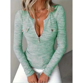 Women's Elegant V-Neck Sweater with Full Zipper Front - Belted Waist Suitable for Spring/Fall, Casual to Office Wear, Solid Color Long Sleeve Blouses Sweaters