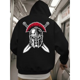 Spartan Men's Spartan Helmet and Spear Print Hooded Sweatshirt - Oversized Street Style Pullover in Beige with Red Spartan Print, Soft Warm Winter Top, Ideal Gift for History Enthusiasts, Casual Wear, Comfortable Clothing, Vintage Aesthetic, Durable